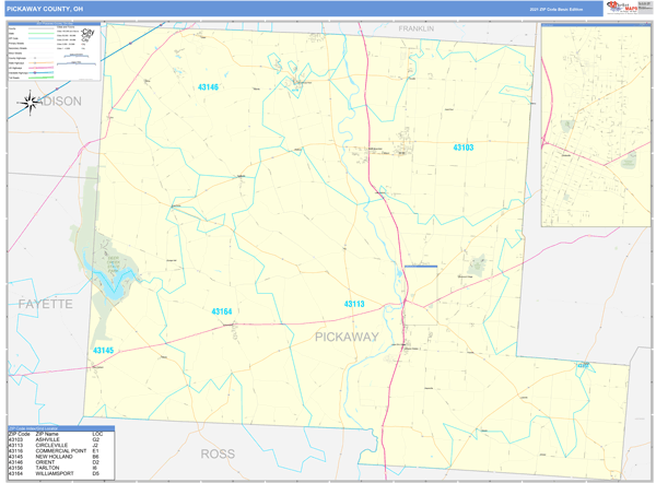Pickaway County, OH Zip Code Wall Map Basic Style by MarketMAPS