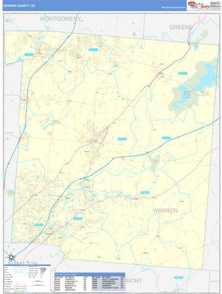 Warren County, OH Zip Code Wall Map Basic Style by MarketMAPS