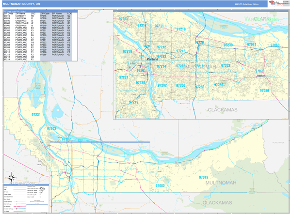 Multnomah County Zip Code Map Multnomah County, Or Zip Code Wall Map Basic Style By Marketmaps - Mapsales