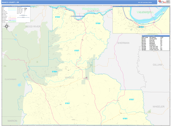 Wasco County, OR Zip Code Wall Map Basic Style by MarketMAPS
