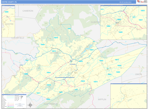 Centre County, PA Zip Code Wall Map Basic Style by MarketMAPS