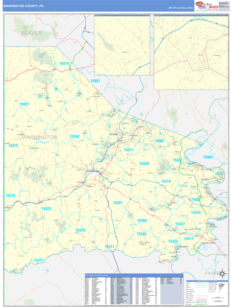 Washington Pa Zip Code Map Washington County, Pa Zip Code Wall Map Basic Style By Marketmaps - Mapsales