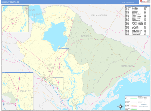 Map Of Berkeley County Sc Berkeley County, Sc Zip Code Wall Map Basic Style By Marketmaps - Mapsales