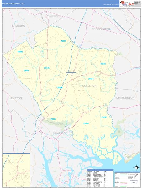 Colleton County, SC Zip Code Wall Map Basic Style by MarketMAPS