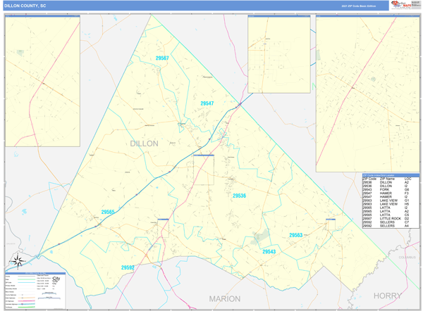Dillon County, SC Zip Code Wall Map Basic Style by MarketMAPS