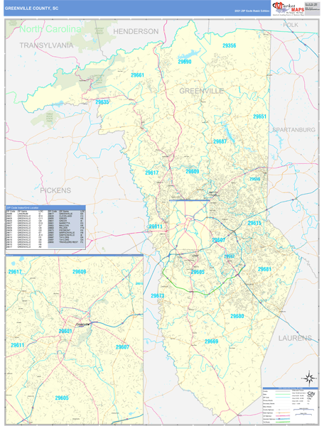 Zip Code Map Greenville Sc Greenville County, Sc Zip Code Wall Map Basic Style By Marketmaps - Mapsales