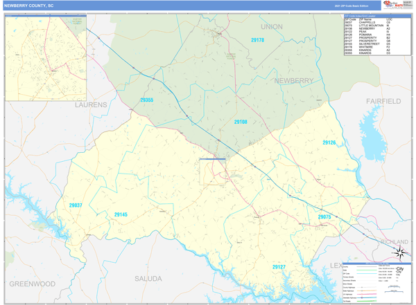 Newberry County, SC Zip Code Wall Map Basic Style by MarketMAPS