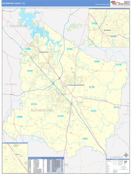 Rutherford County, TN Zip Code Wall Map Basic Style by MarketMAPS