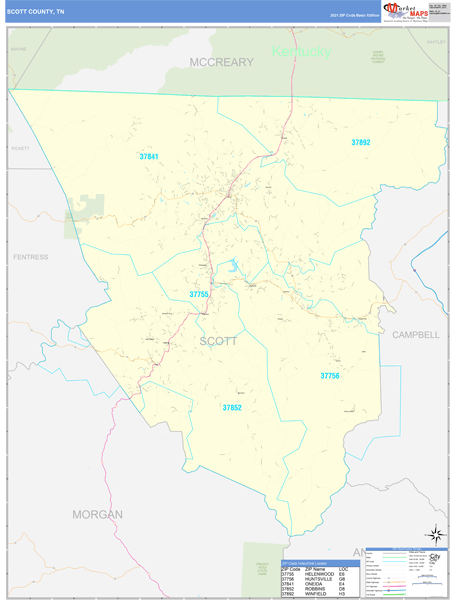 Scott County, TN Wall Map Basic Style by MarketMAPS