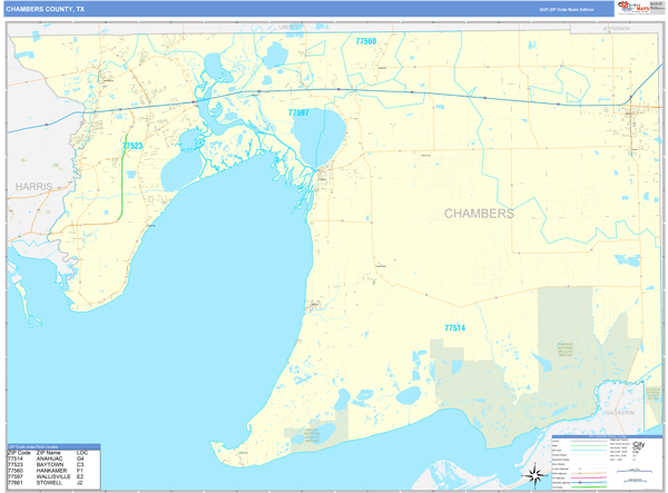 Chambers County, TX Zip Code Wall Map Basic Style by MarketMAPS