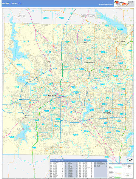 Tarrant County Zip Code Map Tarrant County, Tx Zip Code Wall Map Basic Style By Marketmaps - Mapsales