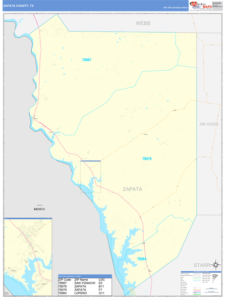 Zapata County, TX Zip Code Wall Map Basic Style by MarketMAPS