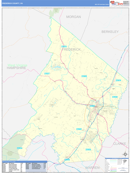 Frederick Md Zip Code Map Frederick County, Va Zip Code Wall Map Basic Style By Marketmaps - Mapsales