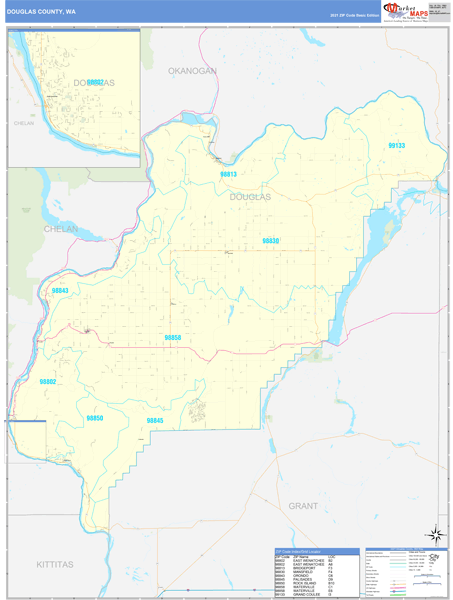 Douglas County, WA Zip Code Wall Map Basic Style by MarketMAPS