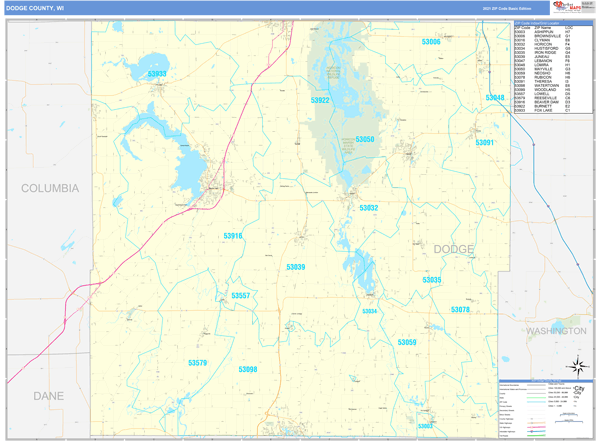 Dodge County, WI Zip Code Wall Map Basic Style by MarketMAPS