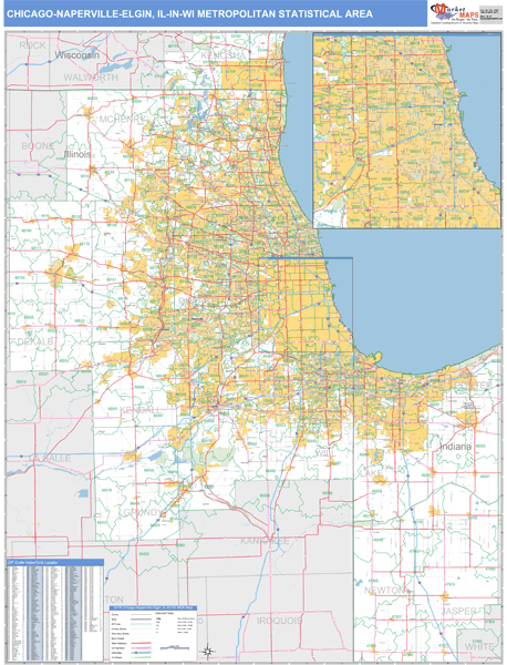Chicago-Naperville-Elgin, IL Metro Area Zip Code Wall Map Basic Style by MarketMAPS