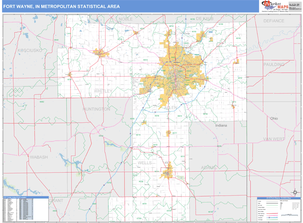 Fort Wayne In Metro Area Zip Code Wall Map Basic Style By Marketmaps