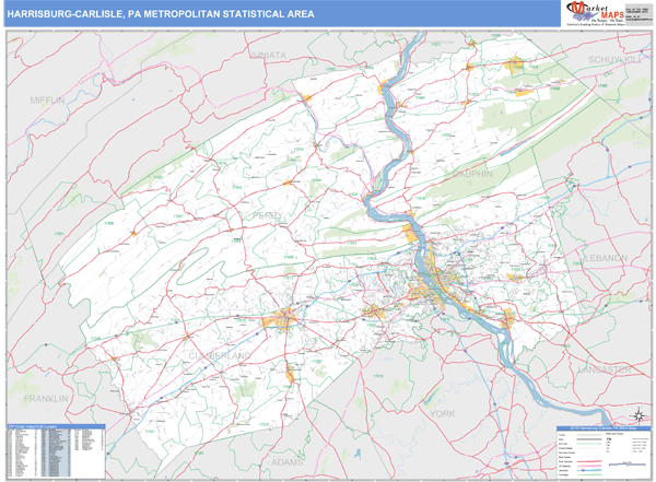 Harrisburg-Carlisle, PA Metro Area Wall Map Basic Style by MarketMAPS