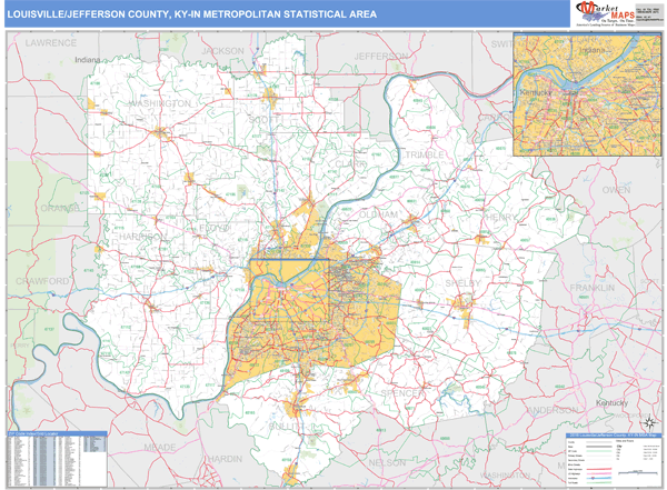 Louisville-Jefferson County, KY Metro Area Wall Map Basic Style by MarketMAPS