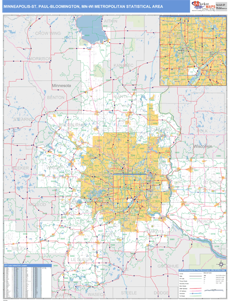 Minneapolis-St. Paul-Bloomington, MN Metro Area Zip Code Wall Map Basic Style by MarketMAPS