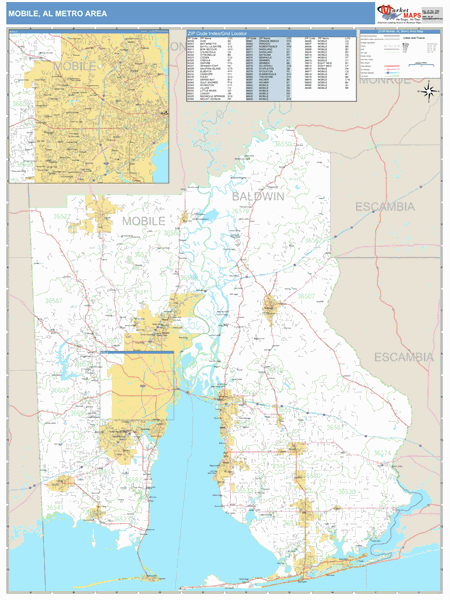 Mobile Al Metro Area Zip Code Wall Map Basic Style By Marketmaps