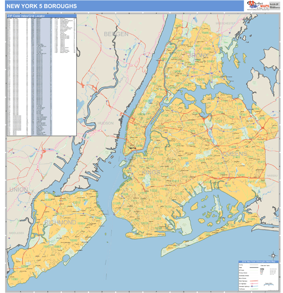New York Ny Zip Code Map New York 5 Boroughs, NY Metro Area Zip Code Wall Map Basic Style 