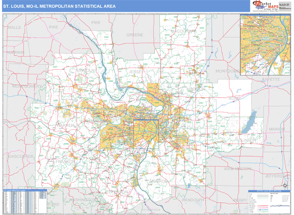 St. Louis, MO Metro Area Wall Map Basic Style by MarketMAPS