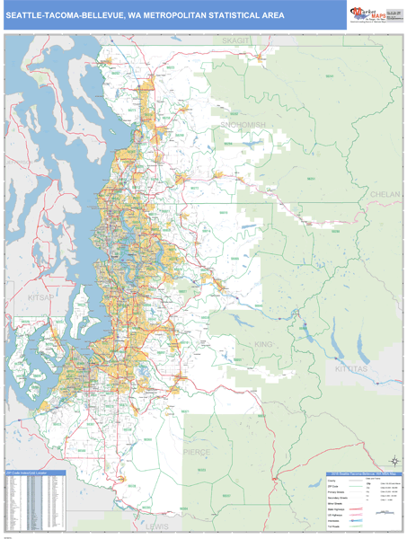 Seattle-Tacoma-Bellevue, WA Metro Area Zip Code Wall Map Basic Style by MarketMAPS