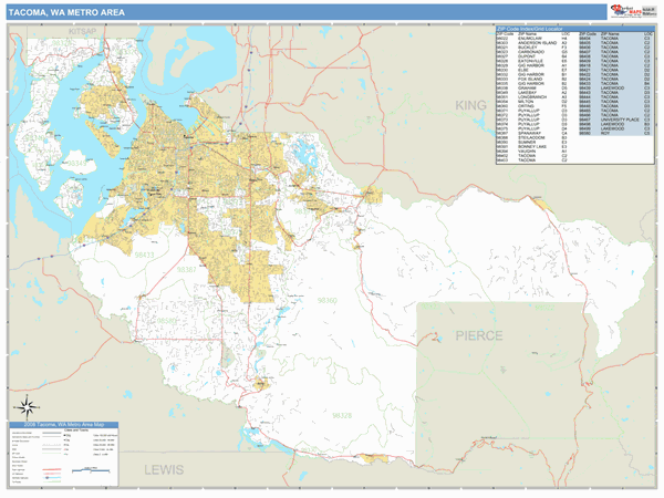 Tacoma, WA Metro Area Zip Code Wall Map Basic Style by MarketMAPS