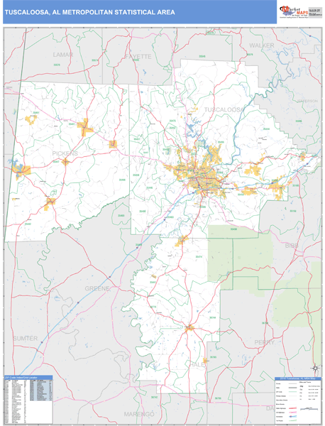Tuscaloosa Al Metro Area Zip Code Wall Map Basic Style By Marketmaps