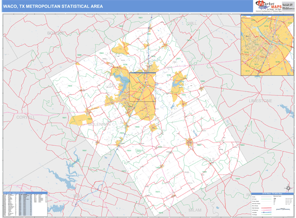 Waco, TX Metro Area Zip Code Wall Map Basic Style by MarketMAPS