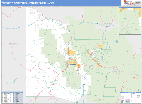 Prescott, AZ Metro Area Zip Code Wall Map Basic Style by MarketMAPS