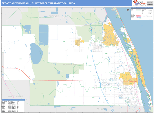 Sebastian vero beach fl metro area zip code wall map basic style by 
