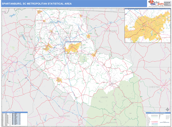 Spartanburg, SC Metro Area Zip Code Wall Map Basic Style by MarketMAPS