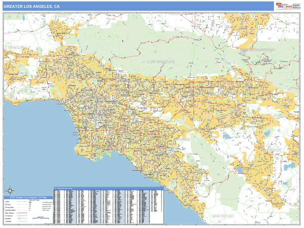 Greater Los Angeles, CA Metro Area Zip Code Wall Map Basic Style by MarketMAPS