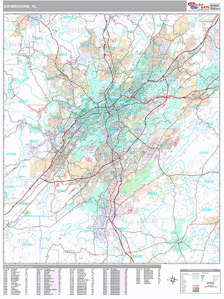 Birmingham Alabama Zip Code Wall Map Premium Style By Marketmaps