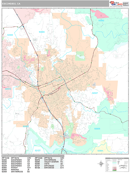 Escondido California Zip Code Wall Map (Premium Style) by MarketMAPS
