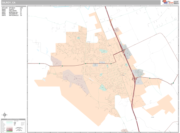 Gilroy California Zip Code Wall Map (Premium Style) by MarketMAPS