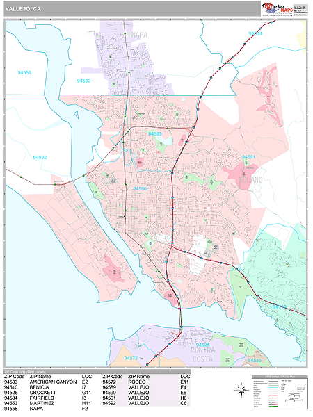 Vallejo California Zip Code Wall Map (Premium Style) by MarketMAPS