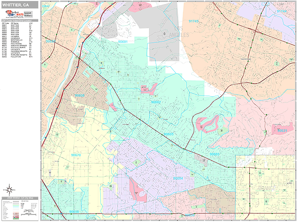 Whittier California Zip Code Wall Map (Premium Style) by MarketMAPS