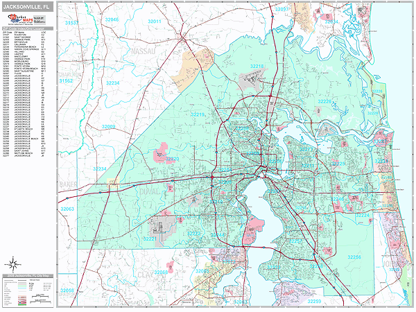 Jacksonville Florida Zip Code Wall Map (Premium Style) by MarketMAPS