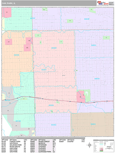 Oak Park Illinois Zip Code Wall Map Premium Style by MarketMAPS