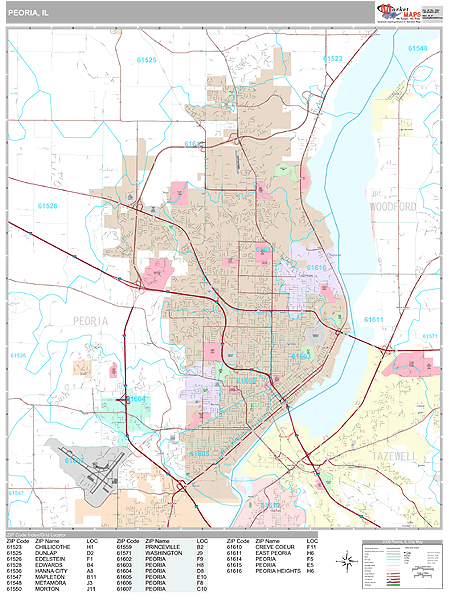 Peoria Illinois Zip Code Wall Map (Premium Style) by MarketMAPS