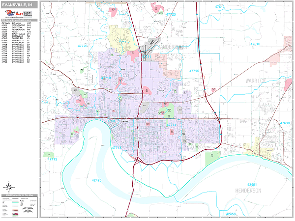 Evansville Indiana Zip Code Wall Map (Premium Style) by MarketMAPS