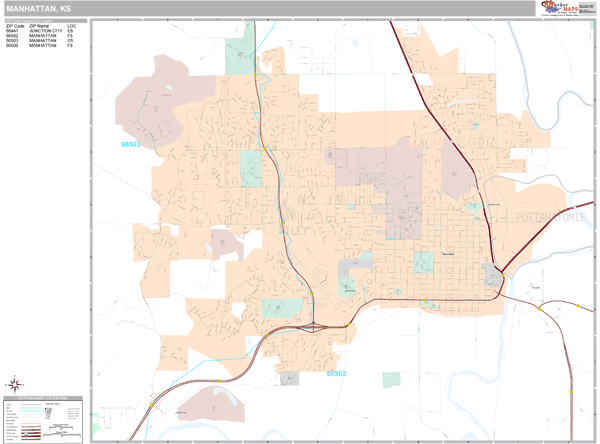 Manhattan Kansas Zip Code Wall Map (Premium Style) by MarketMAPS
