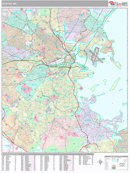 Boston Massachusetts Zip Code Wall Map (Premium Style) by MarketMAPS