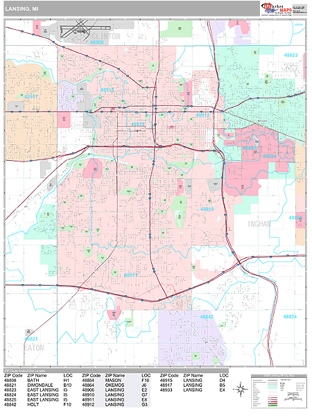 Lansing Michigan Zip Code Wall Map Premium Style by MarketMAPS