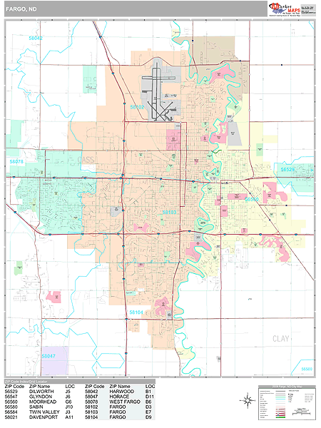 Fargo North Dakota Zip Code Wall Map Premium Style by MarketMAPS