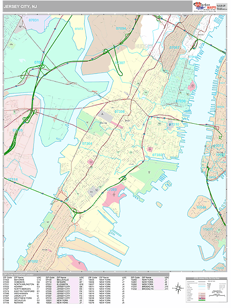 Jersey City New Jersey Zip Code Wall Map (Premium Style) by MarketMAPS
