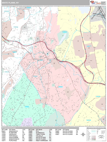 White Plains Zip Code Map White Plains New York Wall Map (Premium Style) by MarketMAPS